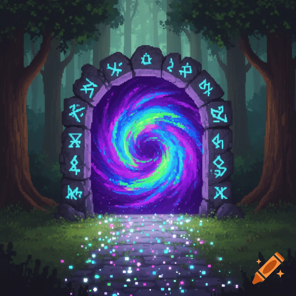 A pixel art image of a glowing purple and blue swirled portal in a stone archway with blue runes, set in a dark forest with sparkling path.