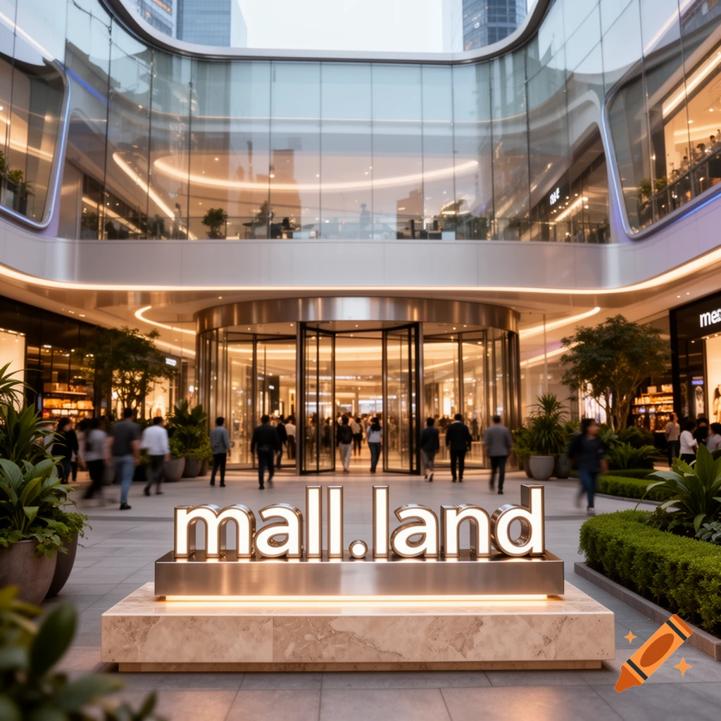A photorealistic image of a modern shopping mall entrance with a glass facade, a revolving door, and people entering. A large illuminated sign reads 'mall.land' in the foreground.