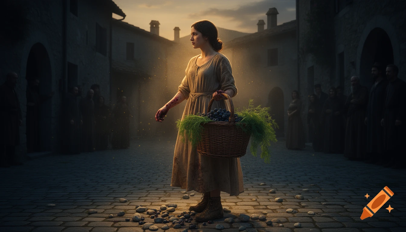 A young woman with a tear on her cheek and a stained arm stands in a cobblestone village square at dusk, holding a basket of grapes and fennel, surrounded by silhouetted figures and dramatic lighting in a Caravaggio-style rendering.