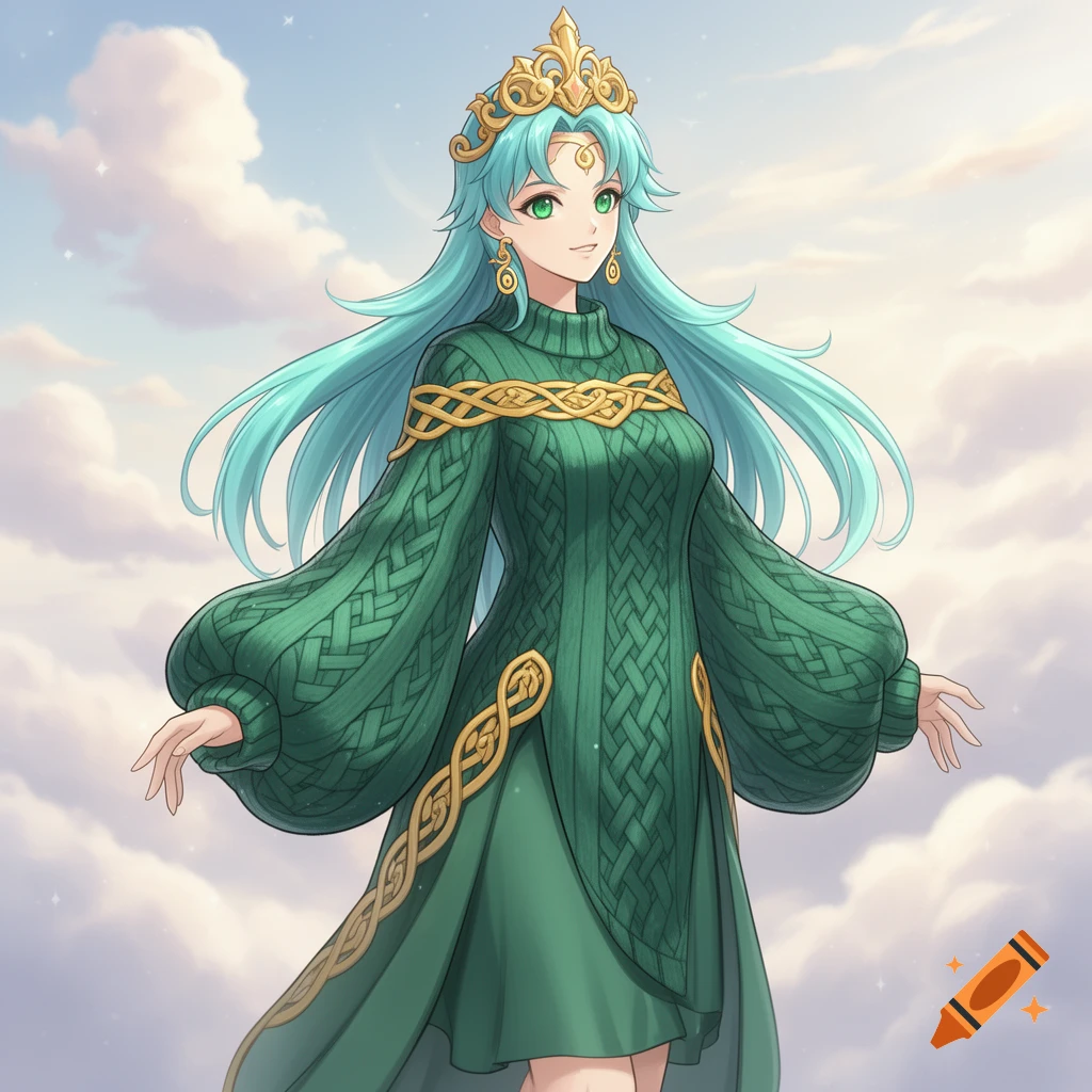 Anime woman with long blue hair, a golden crown, and a green cable-knit dress stands against a cloudy sky.