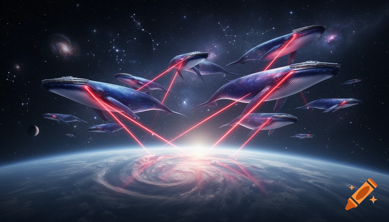 Giant blue space whales with futuristic structures on their heads fire red lasers at a swirling Earth from orbit in a starry galaxy.