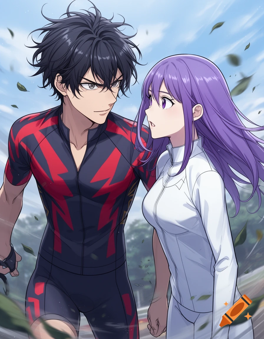 An anime-style image of a man in red and black cycling gear looking intently at a woman with long purple hair in a white tracksuit.