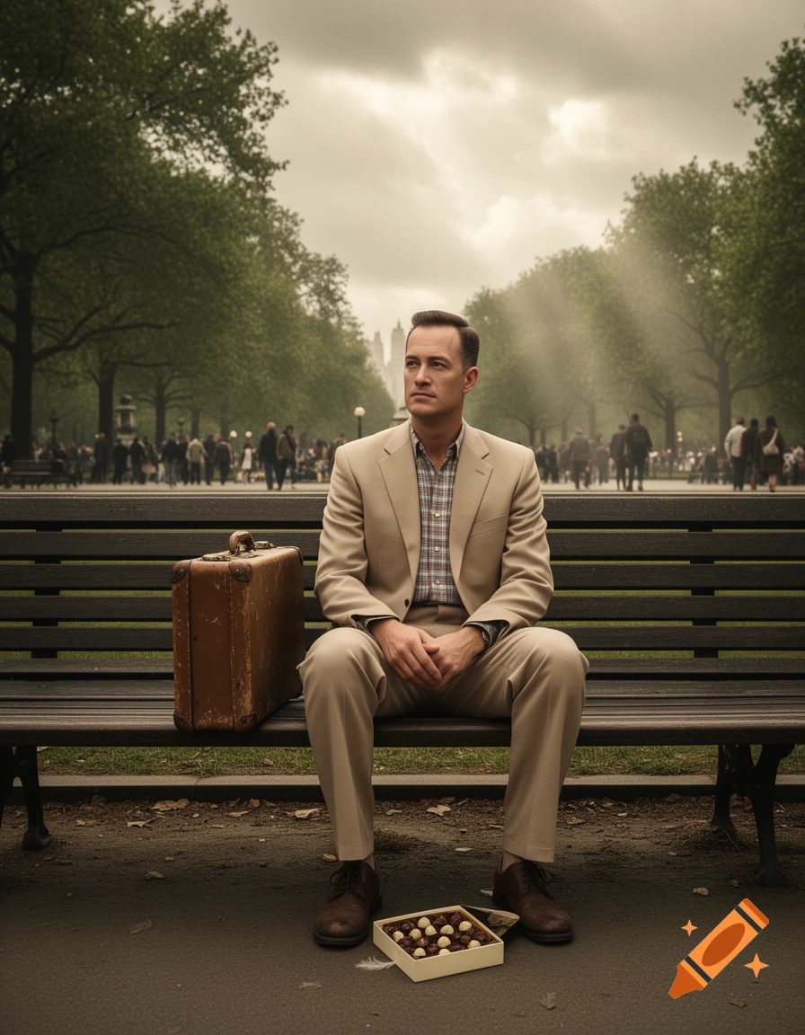 A man in a tan suit sits on a park bench next to a suitcase and a box of chocolates, looking pensive.