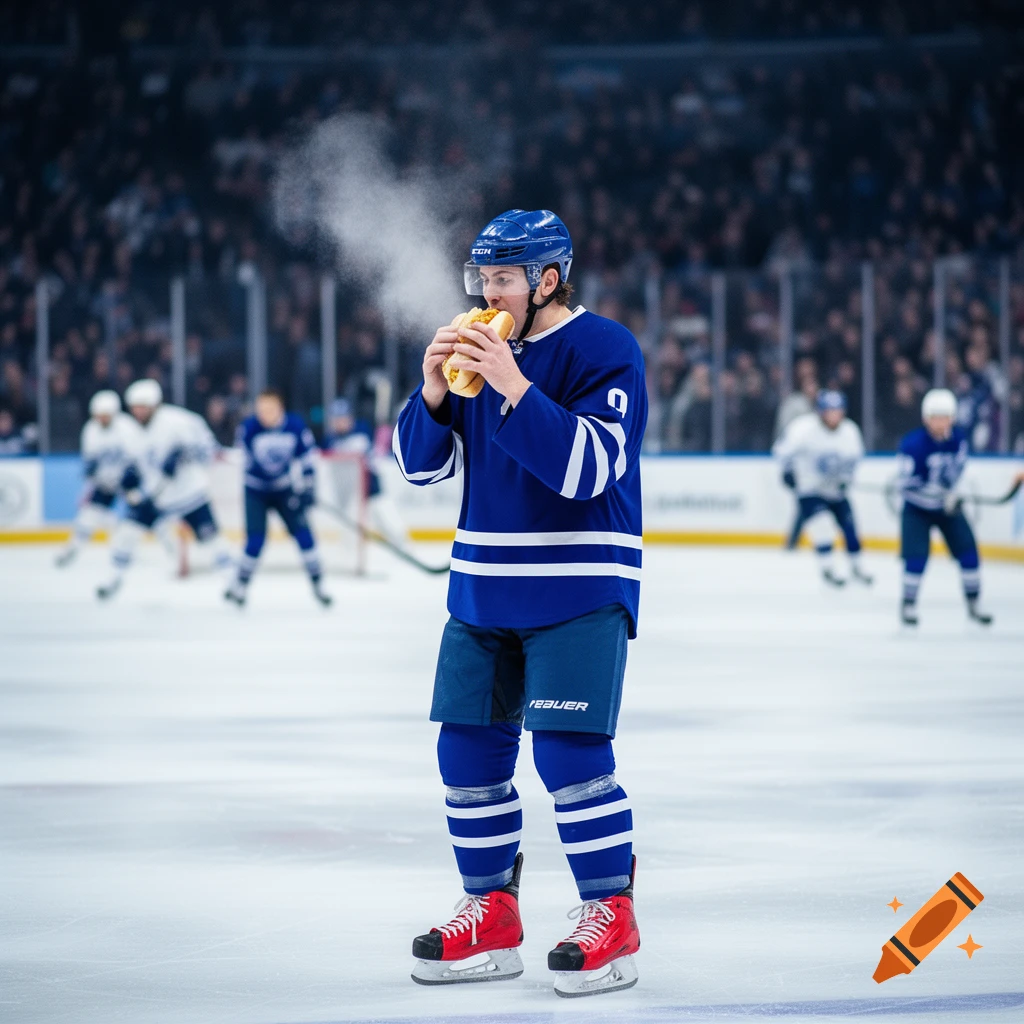 An ice hockey player in a blue jersey and red skates eats a hot dog on the ice rink with spectators in the background.