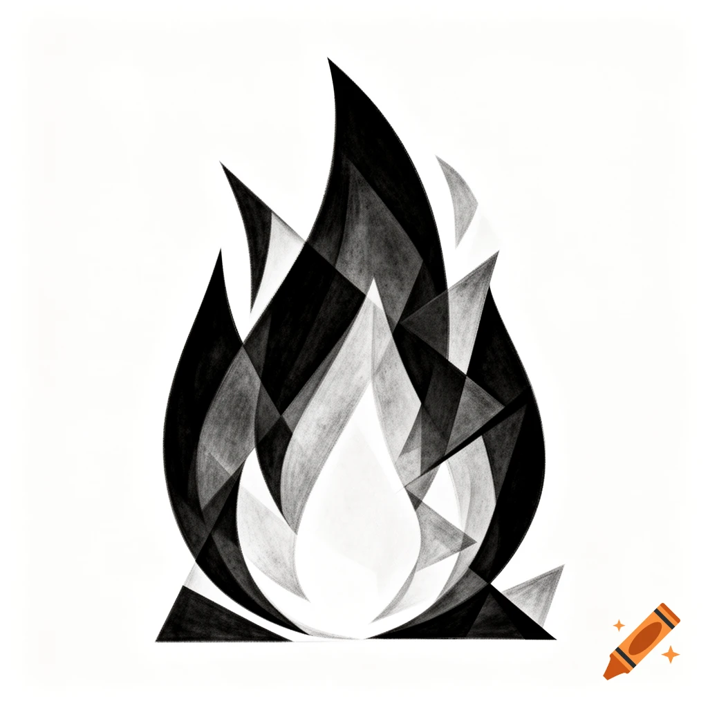 A black and white cubist style abstract rendering of a flame on a white background.