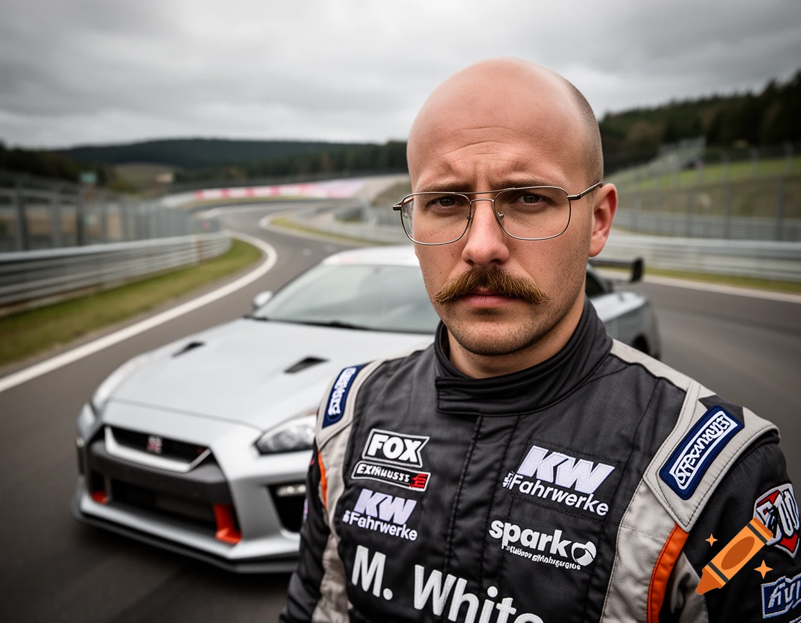 A bald man with a mustache and glasses in a racing suit stands in front of a silver Nissan GTR on a race track.