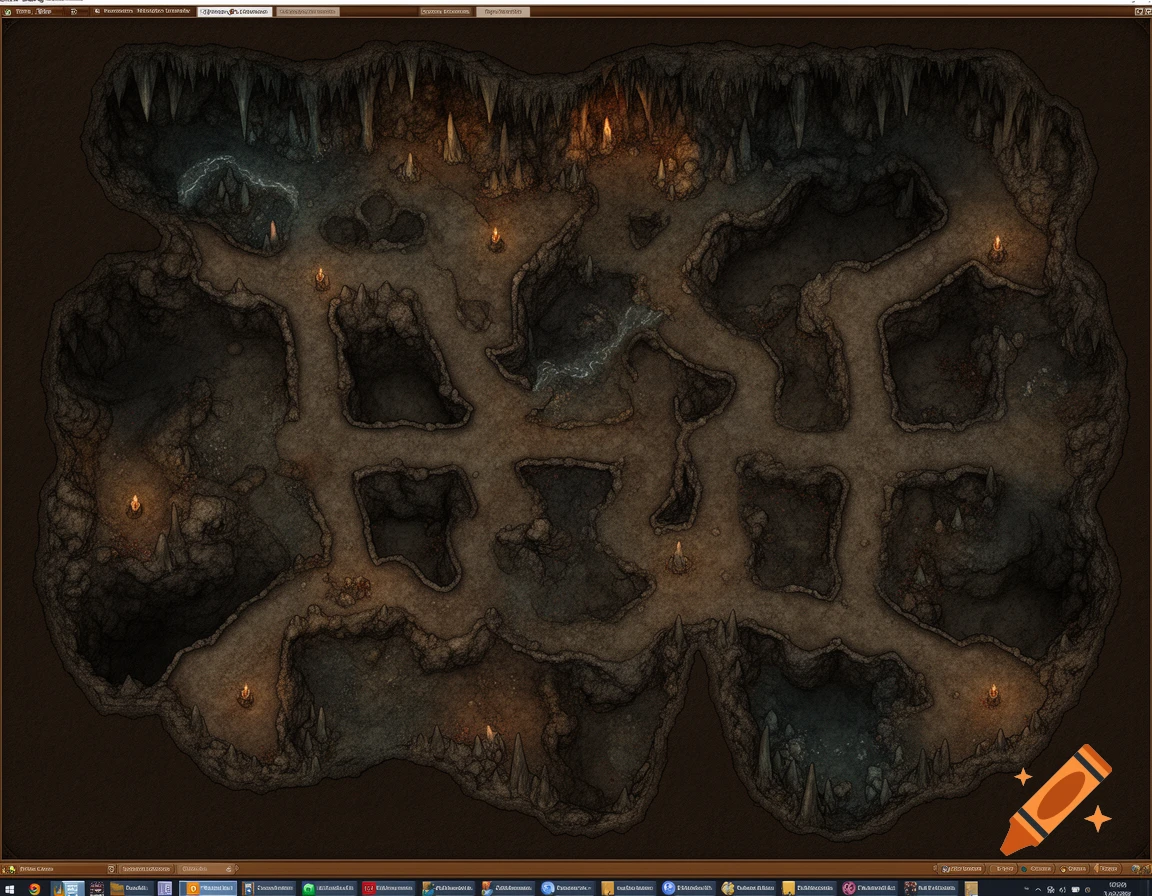 A top-down fantasy dungeon map depicting a winding cave system with paths, multiple chambers, torches, and water features.
