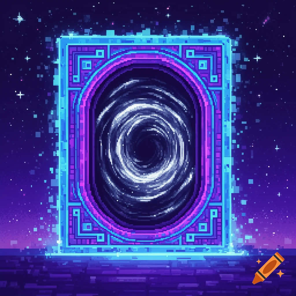 Pixel art of a glowing blue and purple portal with a swirling vortex, against a starry purple background.