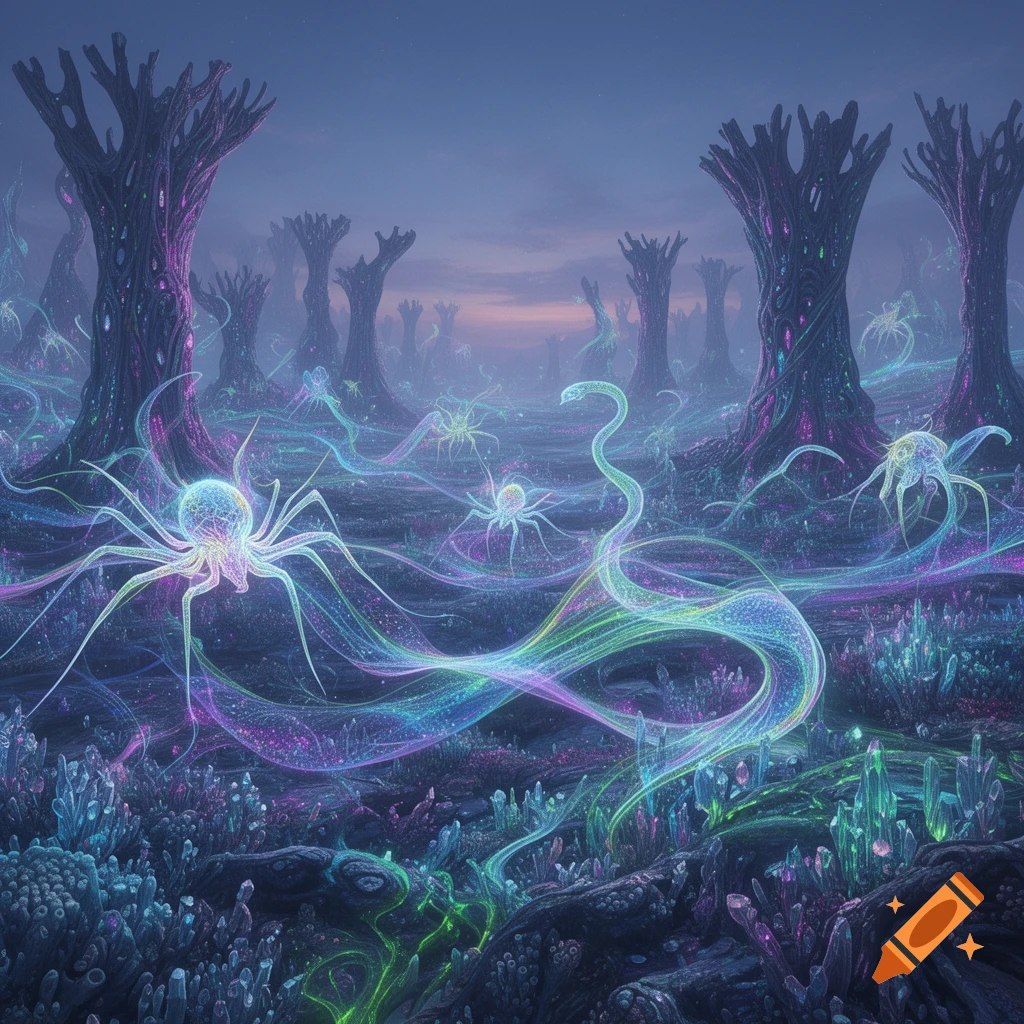 Vibrant, ethereal landscape with glowing neuron-like creatures and alien trees under a twilight sky.