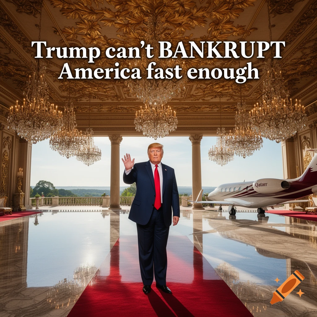 Donald Trump waves while standing on a red carpet in a luxurious golden ballroom with chandeliers, a private jet, and a reflecting floor.