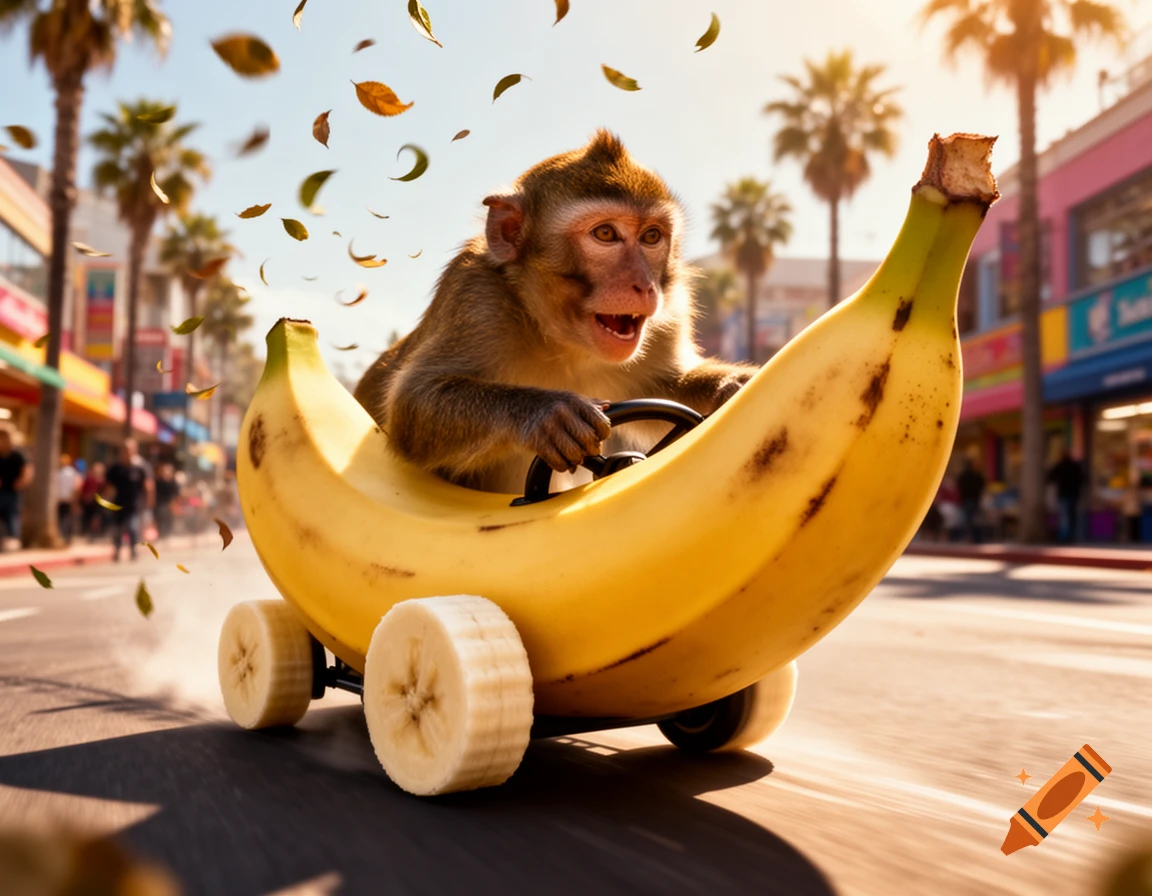A delighted monkey drives a banana car with banana slice wheels down a sunny city street, with palm trees and colorful buildings in the background.