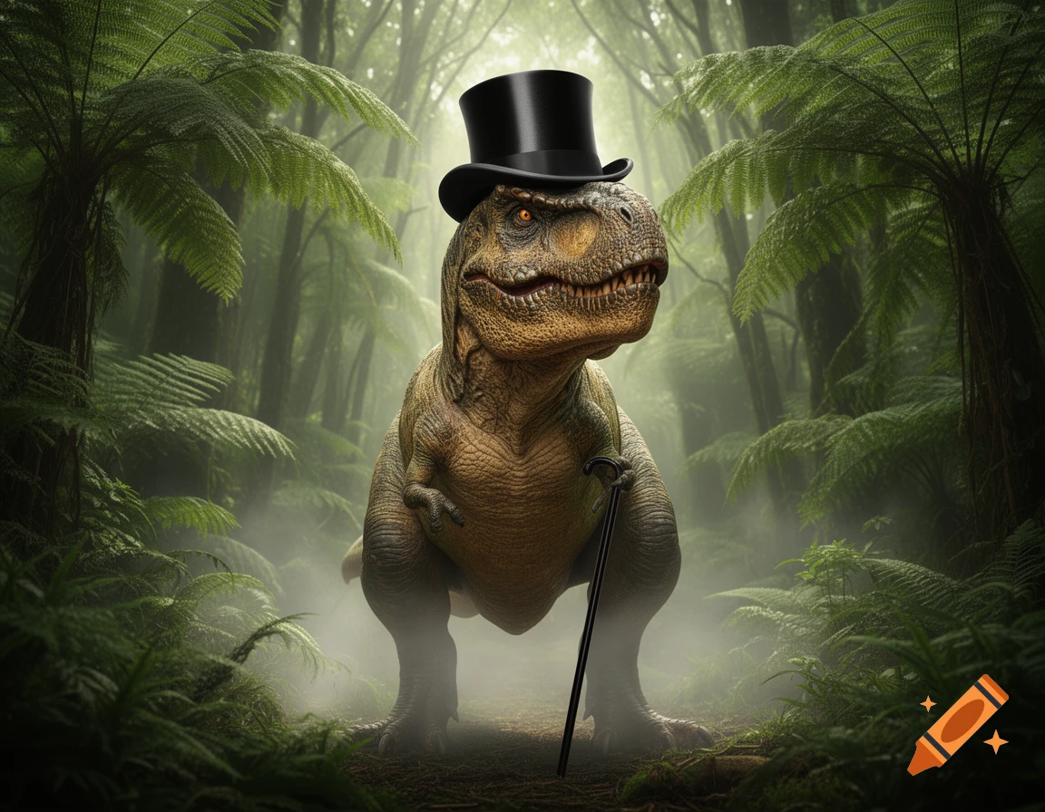 A photorealistic T-Rex wearing a black top hat and holding a cane stands in a misty, lush jungle.