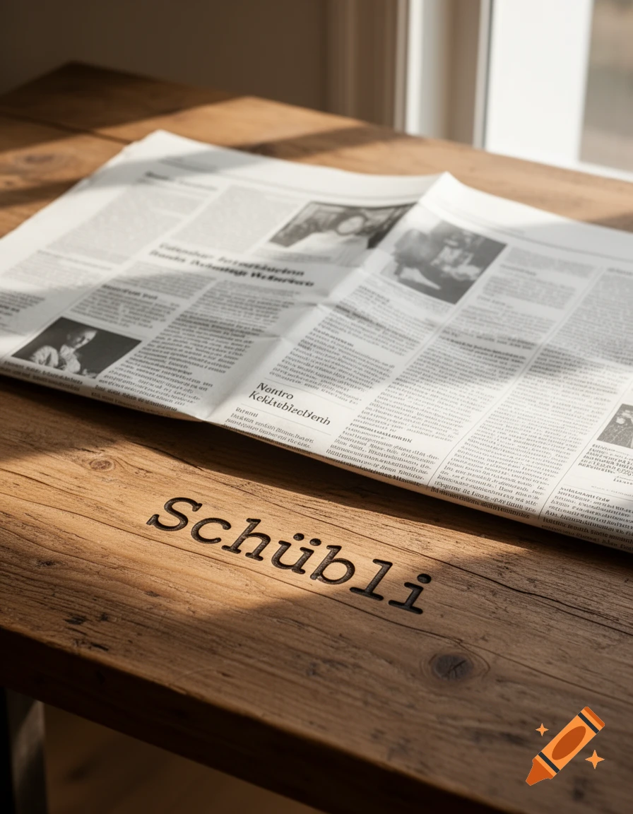 A newspaper lies open on a rustic wooden table with the word "Schübli" engraved into the wood. Sunlight streams from a window nearby, casting shadows across the scene.