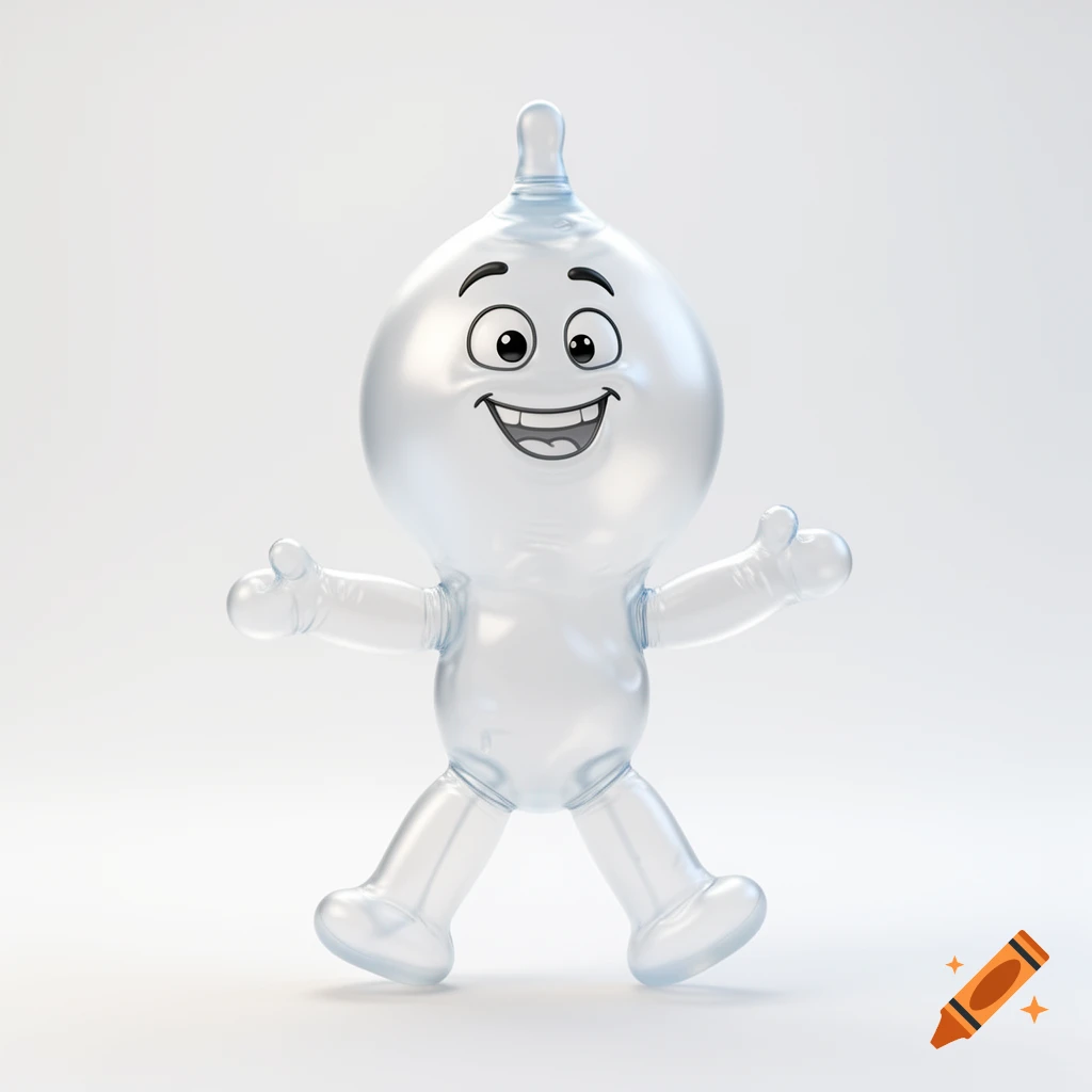 A whimsical, shiny, translucent cartoon character with a goofy smile and outstretched arms, resembling an inflated condom, on a white background.