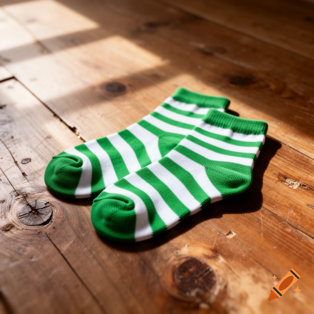 A pair of green and white striped socks resting on a sunlit wooden floor.
