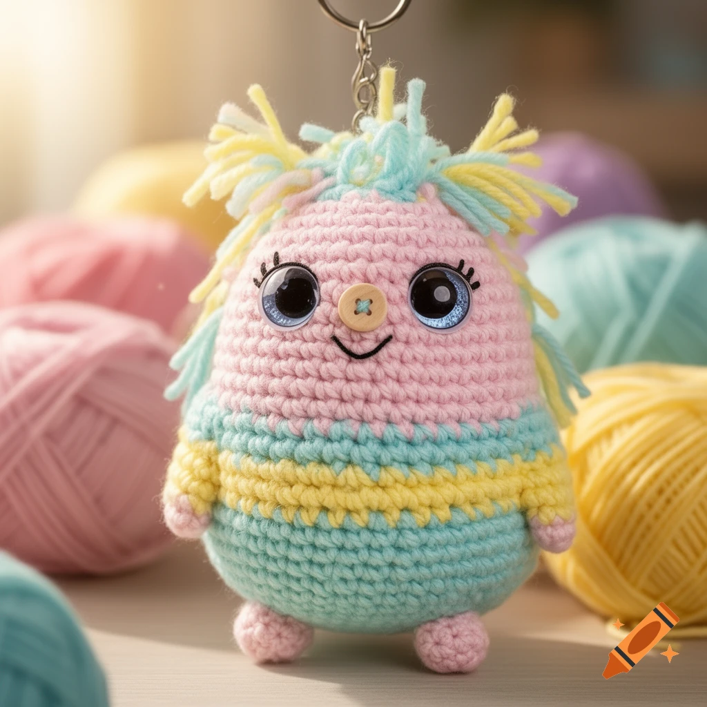 A cute, pastel-striped crochet character with googly eyes and a button nose, hanging from a keyring, surrounded by colorful yarn.