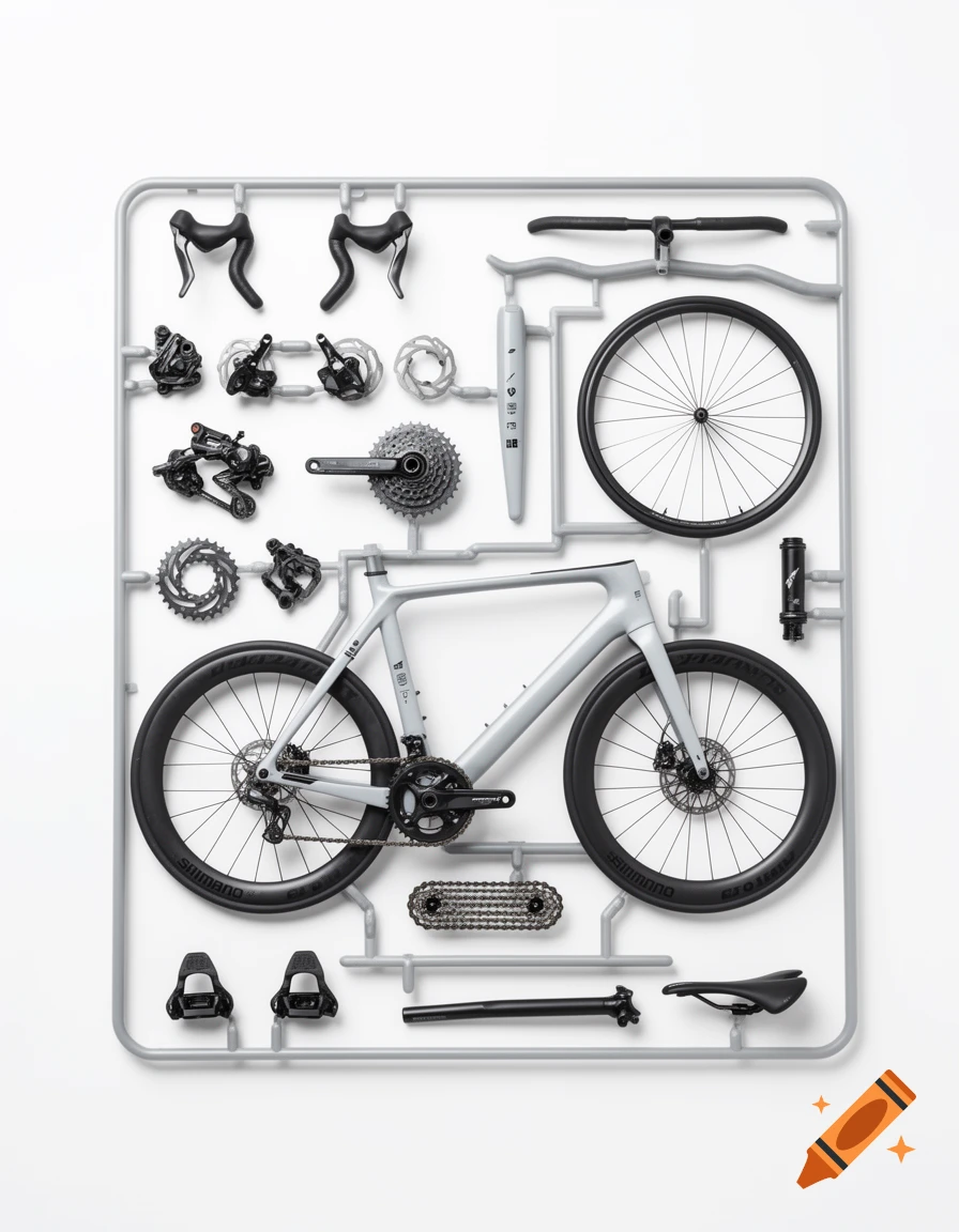 A detailed 3D plastic model kit sprue of a modern light gray carbon road bike with disc brakes, photographed from above on a pure white background.