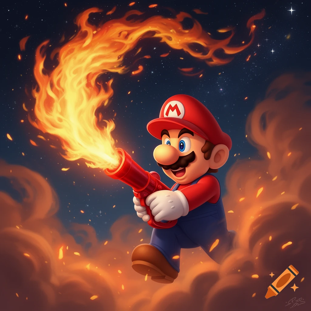 Cartoon Mario with a flamethrower, surrounded by vibrant flames and embers under a starry night sky.
