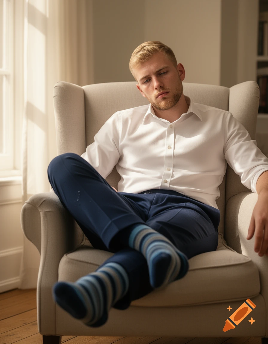 A young blond man with a beard sits in an armchair, wearing a white shirt, blue trousers, and striped blue and grey socks, looking tired.