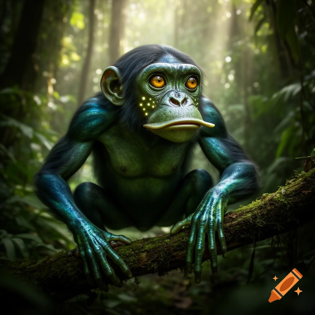 A fantasy alien chimp and amphibian hybrid creature with green skin and glowing spots sits on a mossy log in a lush jungle.