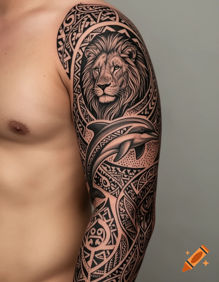 A male arm covered in a detailed Polynesian-style tattoo sleeve featuring a lion and a dolphin.