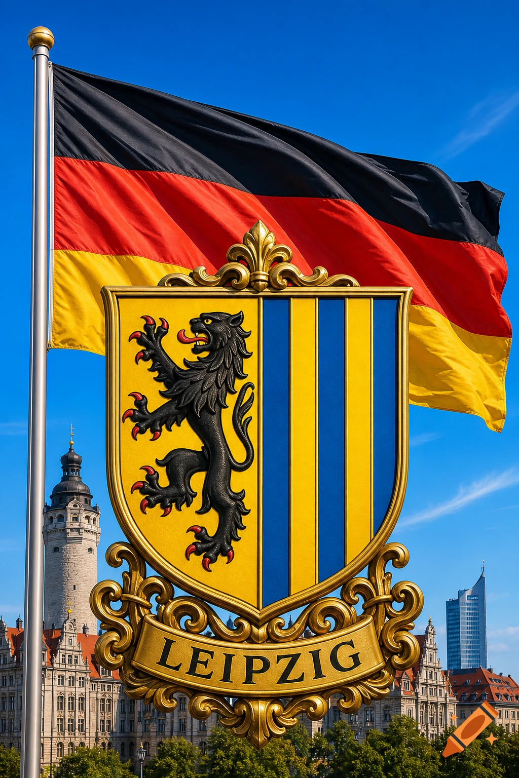 German flag waving behind the gilded Leipzig coat of arms, with city buildings under a blue sky.
