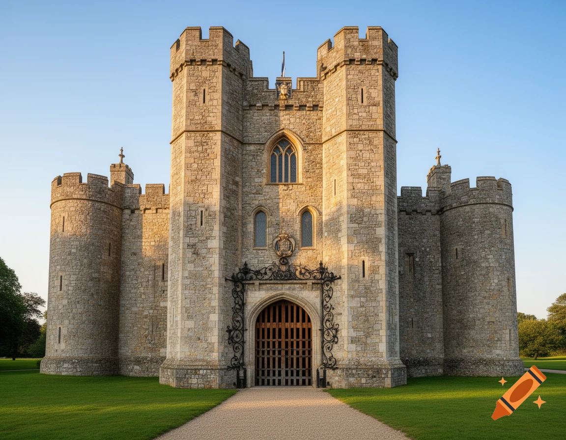 A photorealistic front view of a stone castle with multiple turrets, a grand arched wooden gate, and a path leading up to it, surrounded by green lawns under a clear blue sky.