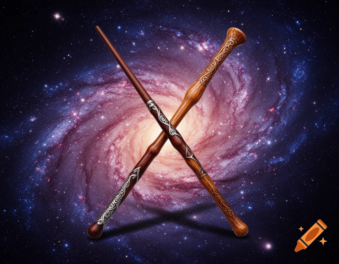Two stylized magic wands, one light brown with carved patterns and one dark brown with silver designs, crossed against a vibrant spiral galaxy background.