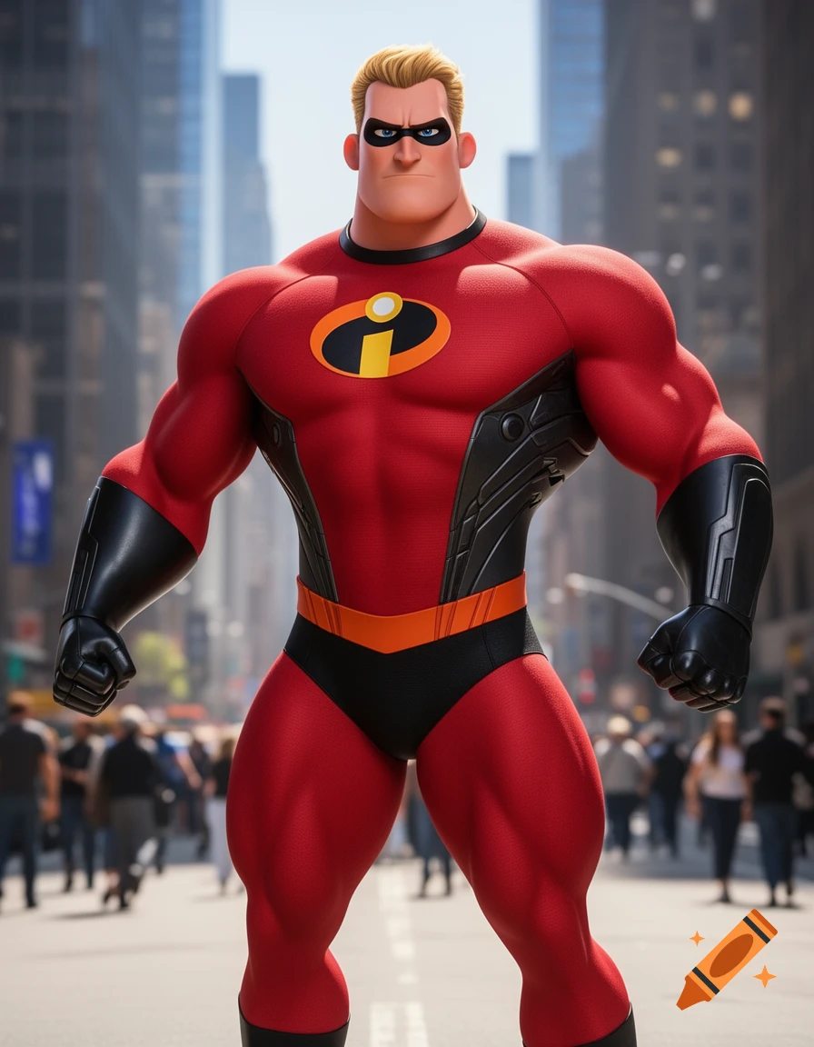 A muscular Mr. Incredible in his red superhero suit stands heroically in a bustling city street.