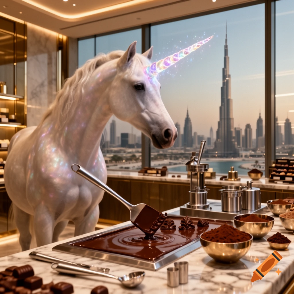 A majestic white unicorn with a glowing rainbow horn stands in a luxurious kitchen, making chocolate with a view of the Dubai skyline at sunset.