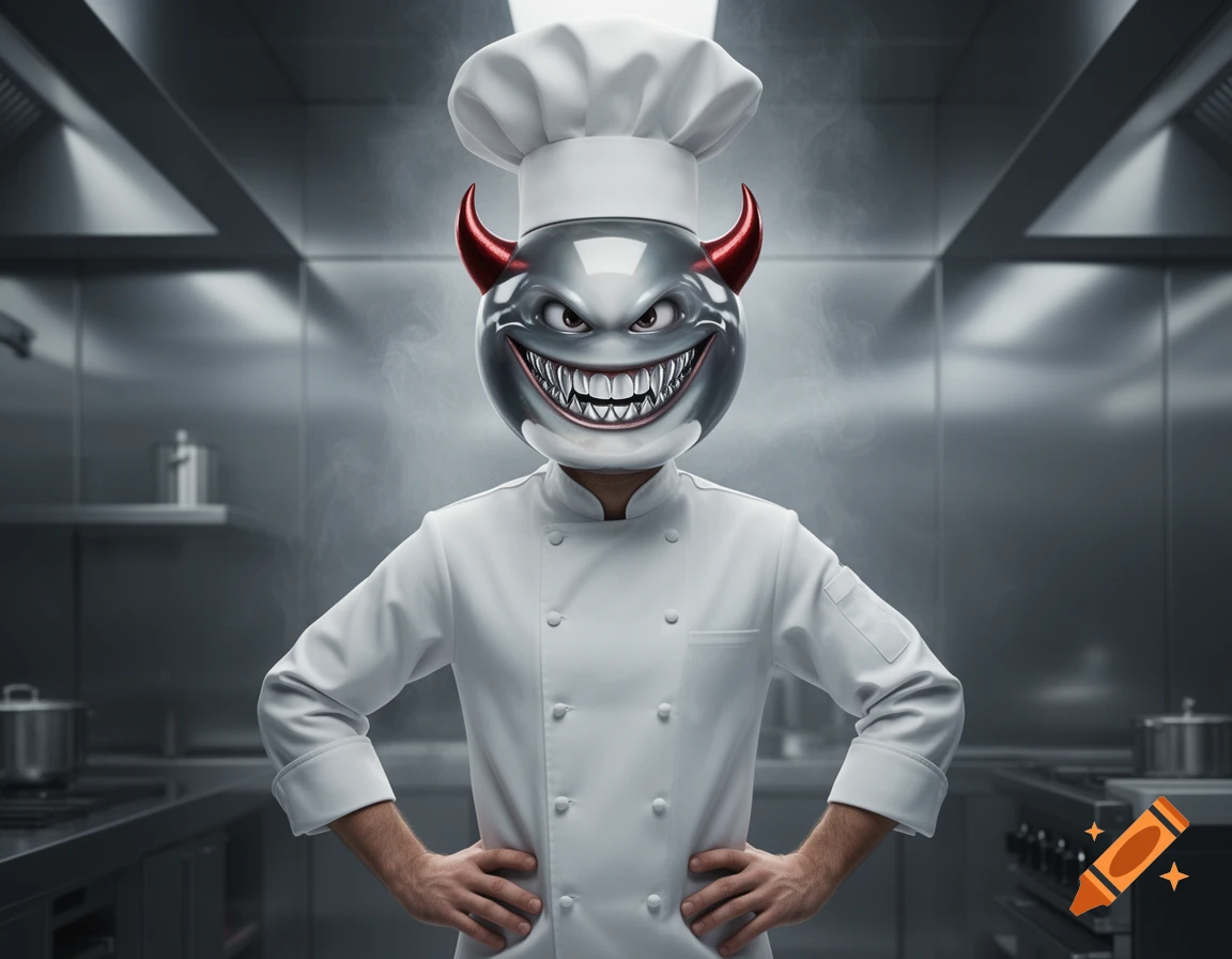 A 3D render of a chef in a stainless steel kitchen, wearing a chef hat and a metallic, evil devil smiley face mask with sharp teeth and red horns.