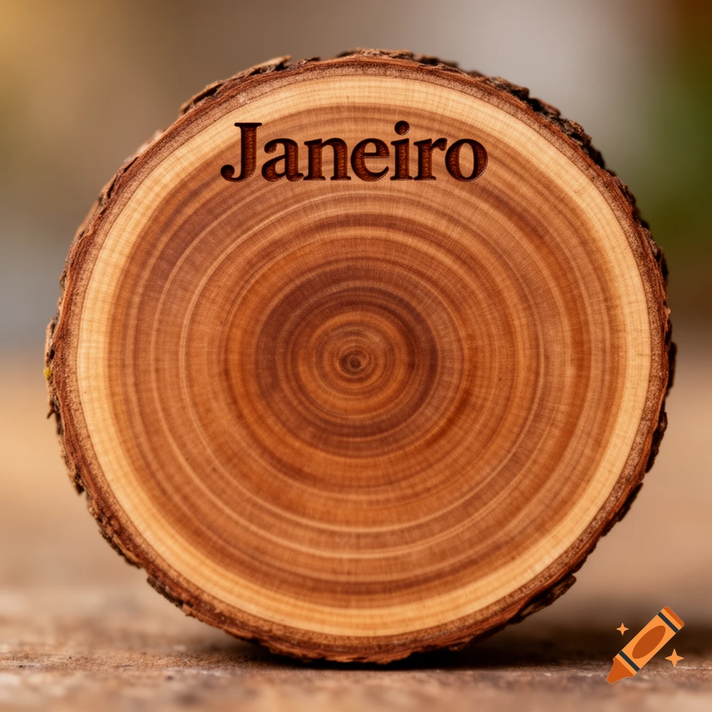 A round wooden log slice with the word 'Janeiro' carved into its surface.