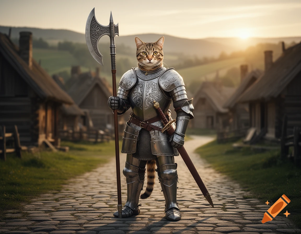 A photorealistic cat knight in full plate armor stands on a cobblestone path, holding a poleaxe, with a village in the background at sunset.