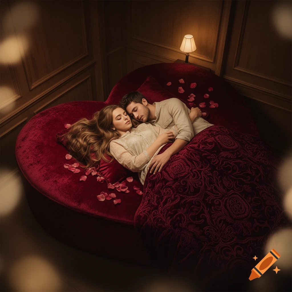 A couple sleeps embraced on a large red heart-shaped bed covered in rose petals, lit by a bedside lamp.