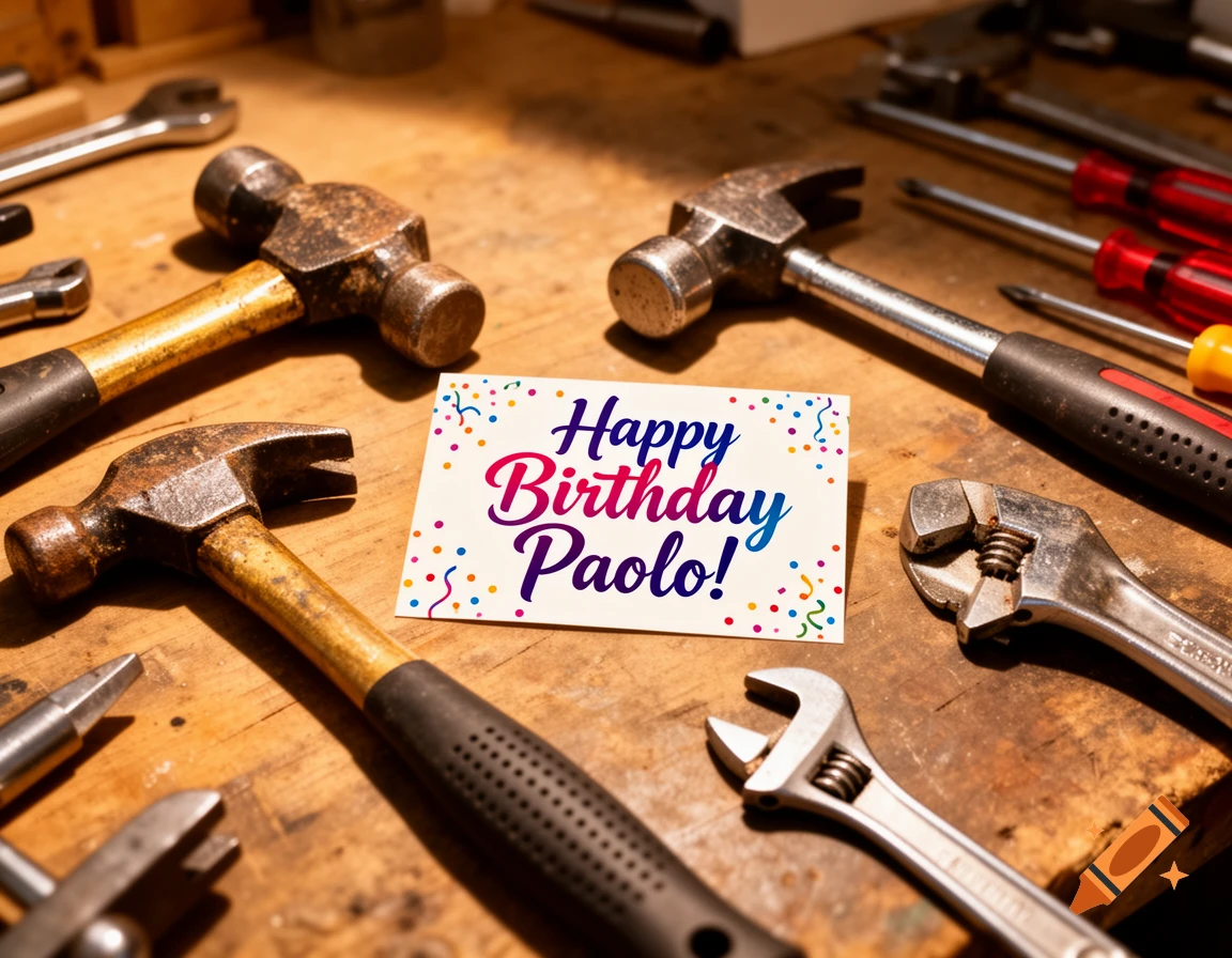 A 'Happy Birthday Paolo!' card lies on a wooden workbench surrounded by various hand tools like hammers, wrenches, and screwdrivers.