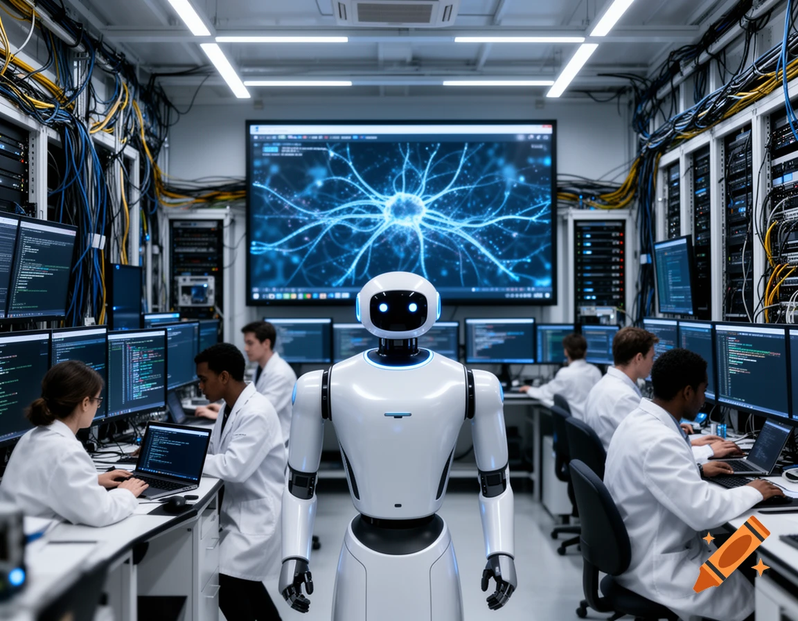 A white humanoid robot stands in a server room with scientists working at computers, a large screen displaying a neural network.
