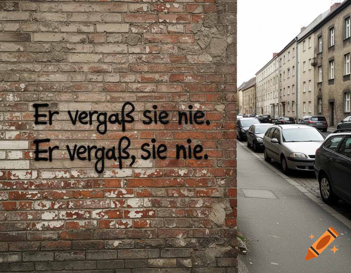 Black graffiti "Er vergaß sie nie. Er vergaß, sie nie." on a brick wall, next to a street with parked cars and old buildings.