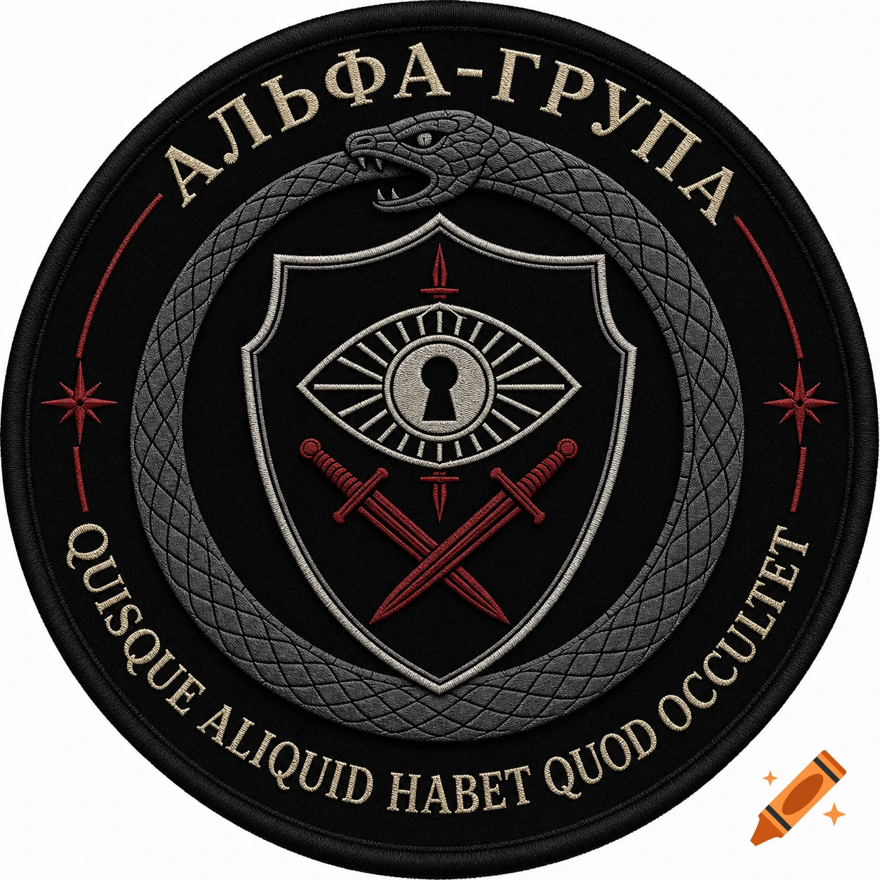 Black circular embroidered military patch with a gunmetal ouroboros, a shield containing a silver keyhole eye, and crossed crimson daggers.