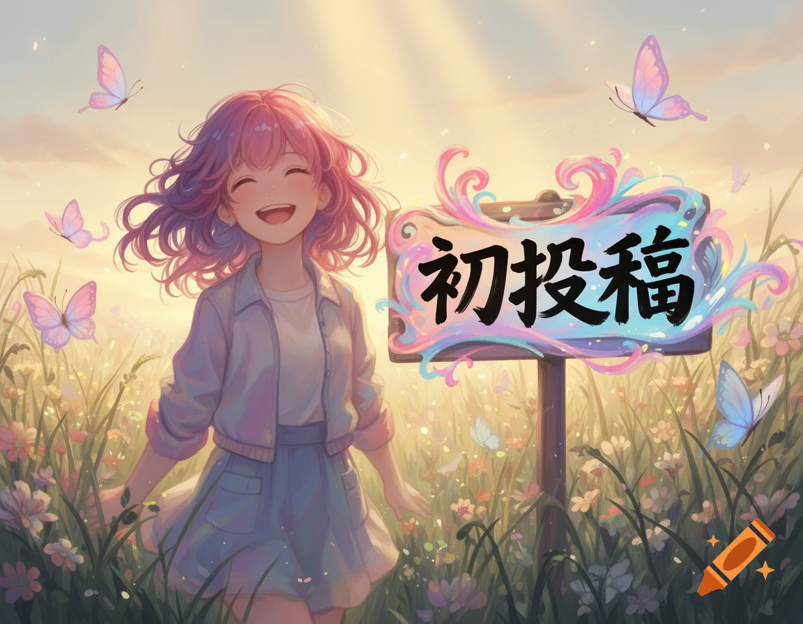 Anime girl with pink hair smiling in a sunlit field with butterflies and a sign that reads '初投稿'.