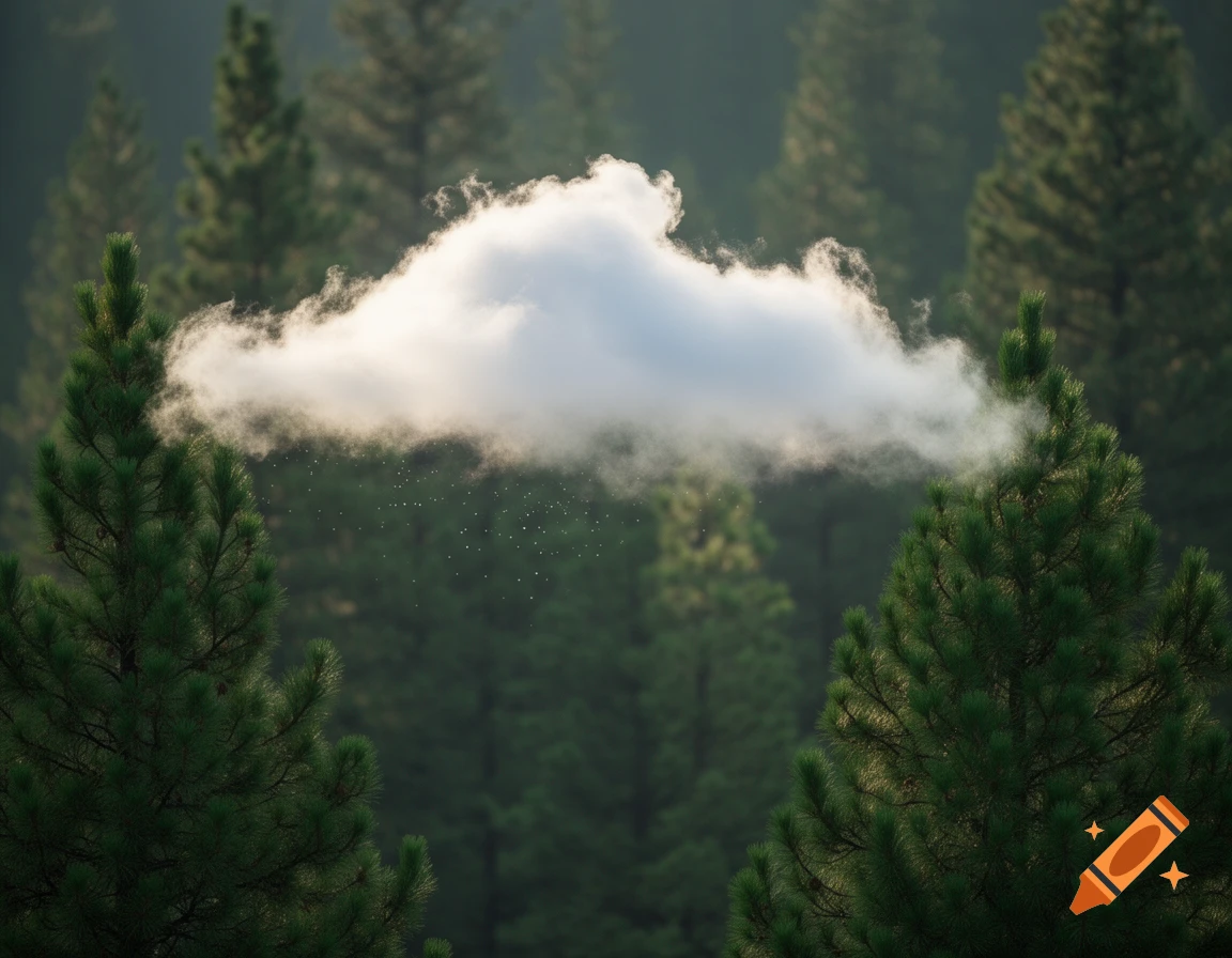 A small white cloud drifts low among dark green pine trees in a forest. Photorealistic.