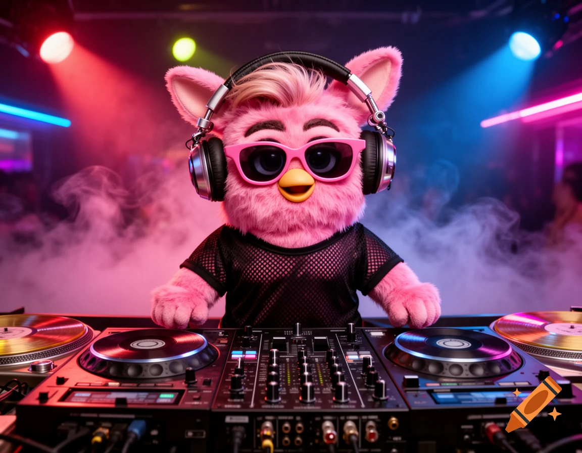 A pink, Furby-like DJ character in pink sunglasses and headphones, wearing a mesh shirt, stands behind turntables in a smoky club with neon lights.