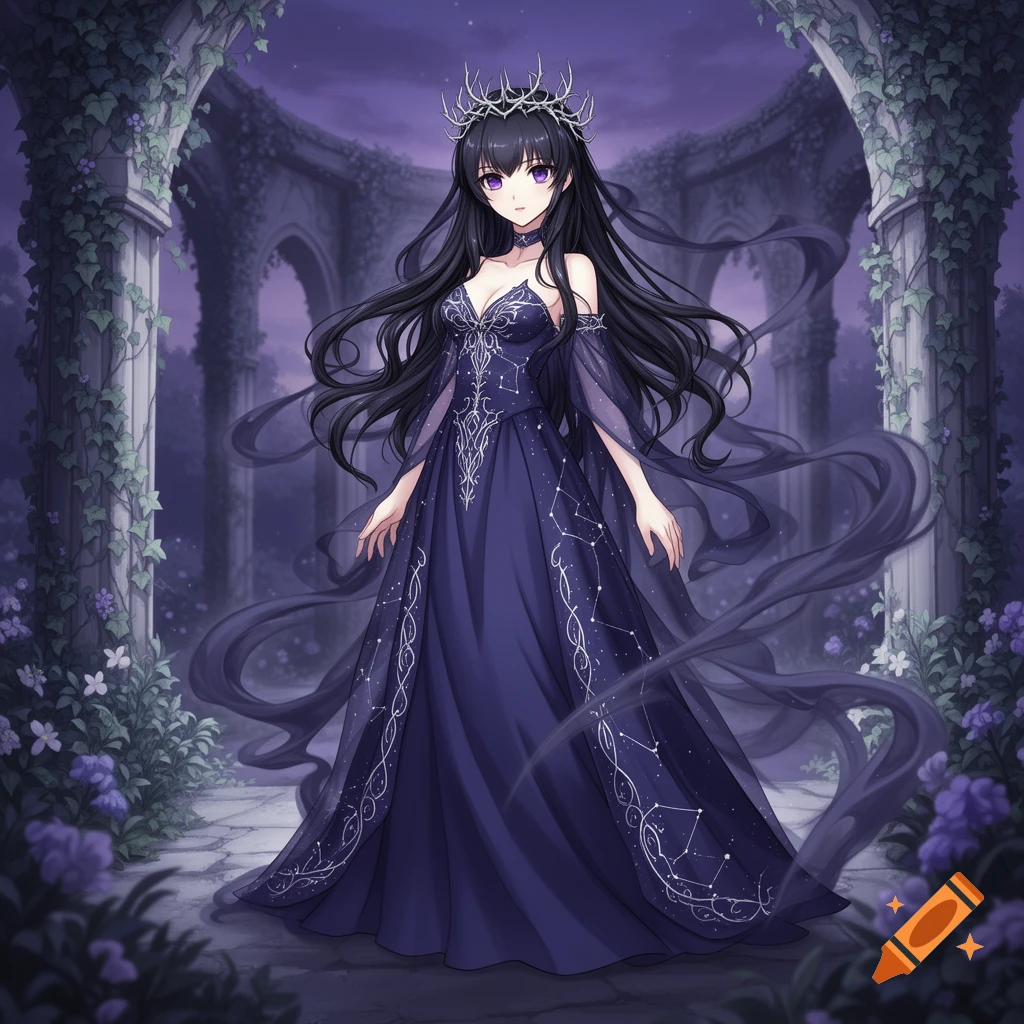 Anime art of a dark-haired princess in a starry, dark blue gown and thorny crown, standing in moonlit ruins.