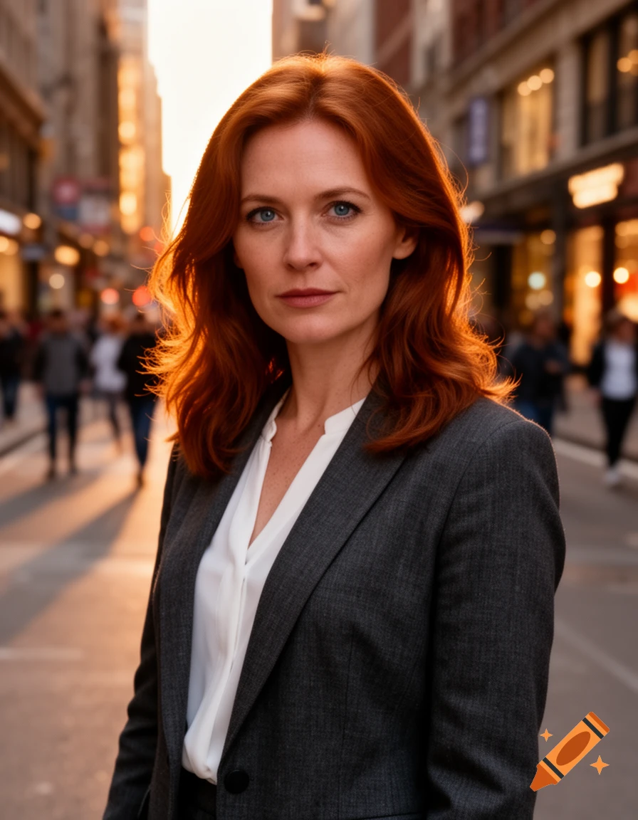 A serious red-haired woman with blue eyes in a gray suit stands on a bustling city street during golden hour.