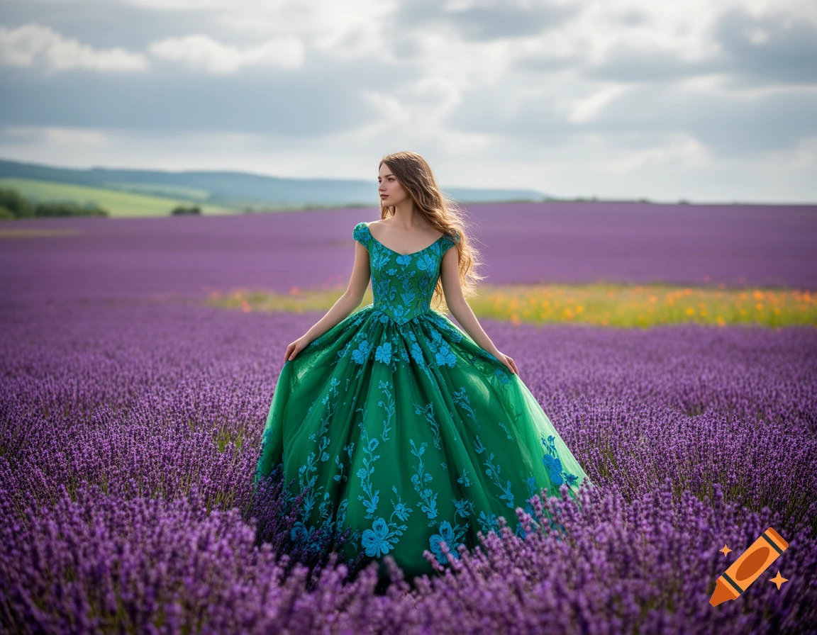 A woman in a green princess dress with blue floral patterns stands in a vast lavender field under a cloudy sky.