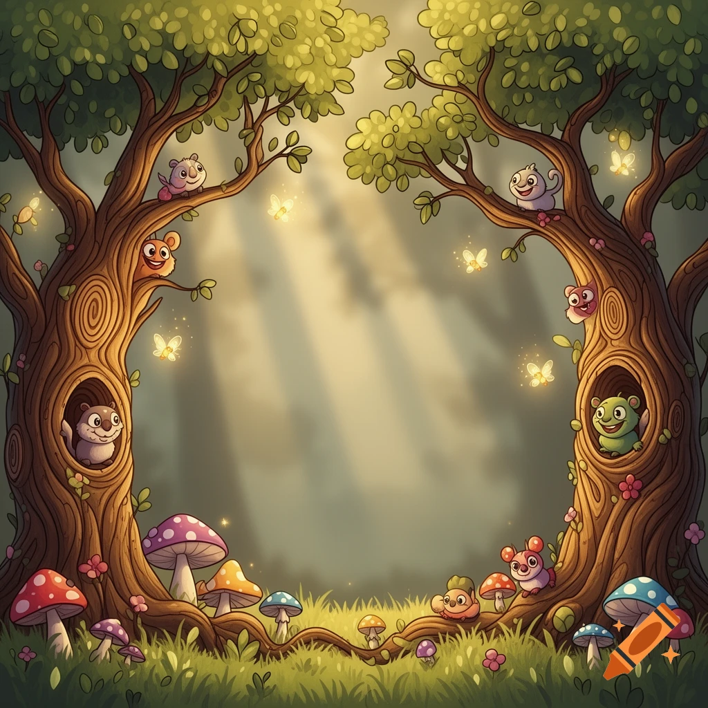 Whimsical cartoon forest scene with two large trees framing a sunlit background, cute creatures, and colorful mushrooms.