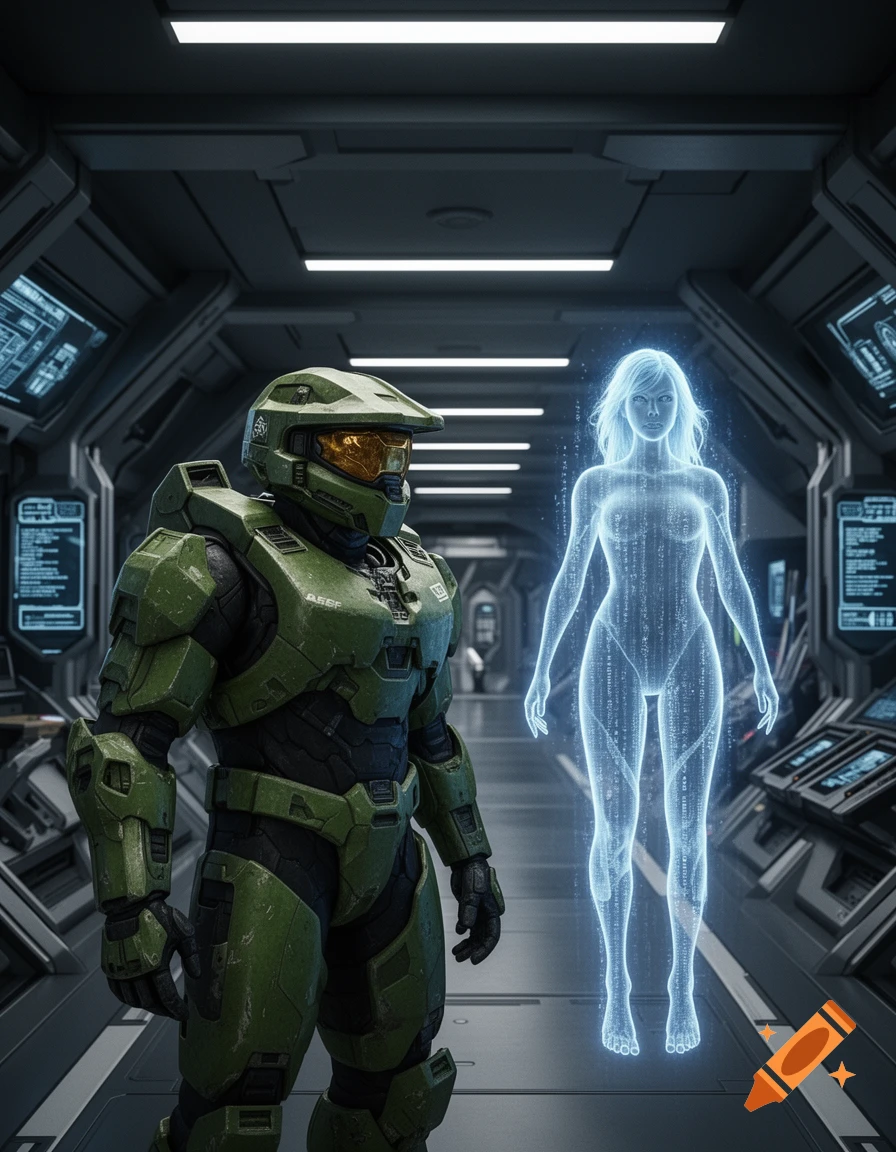Master Chief in green armor stands in a futuristic corridor next to a glowing, translucent blue holographic figure of Cortana, made of data streams.