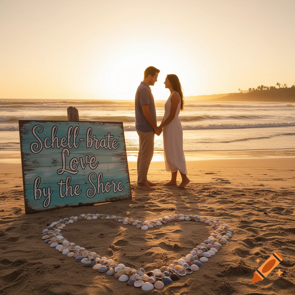 A couple holds hands on a beach at sunset, standing next to a sign that reads "Schell-brate Love by the Shore" and a heart made of shells in the sand.