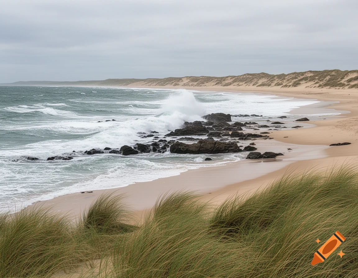Waves crash on a rocky beach with sand dunes and sea grass under a cloudy sky.