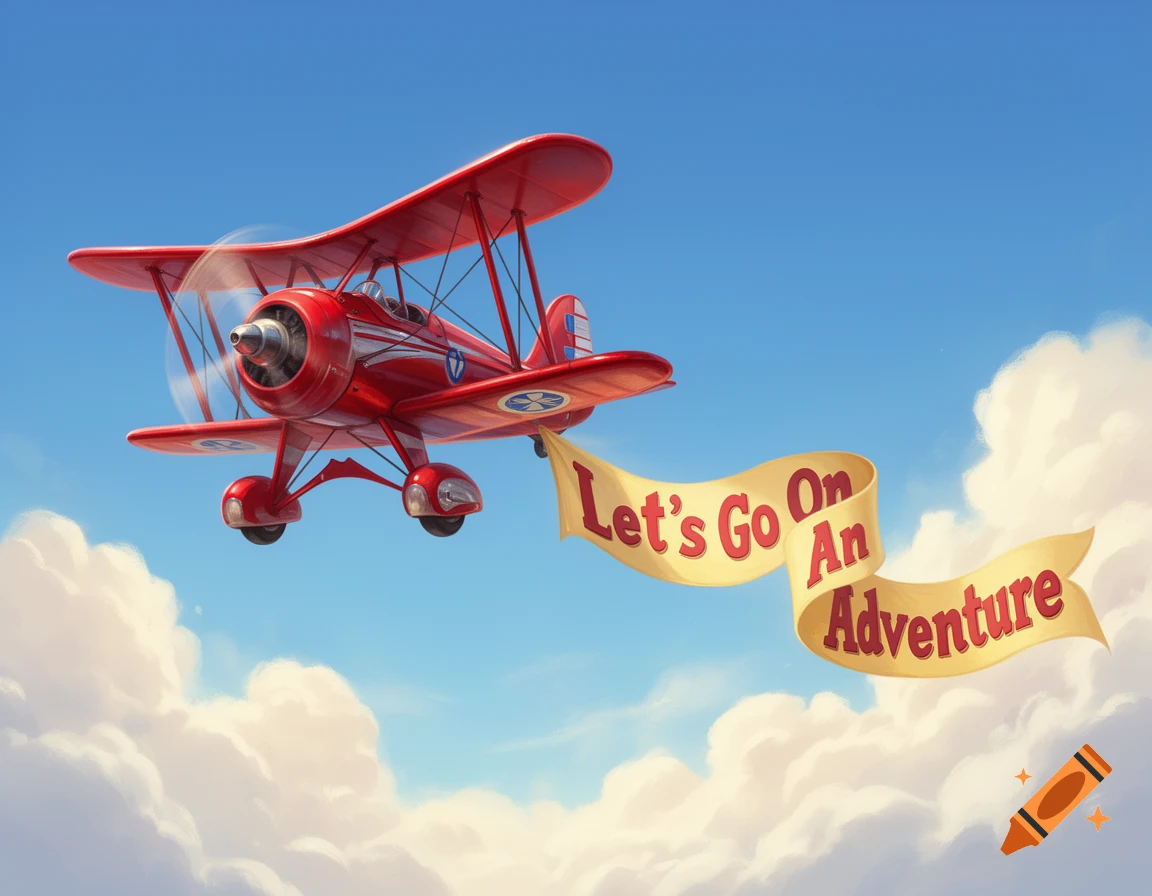 A red cartoon biplane flies across a blue sky with white clouds, pulling a yellow banner that reads "Let's Go On An Adventure."