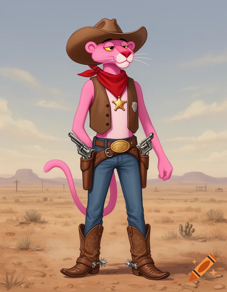 Pink Panther dressed as a cowboy with a hat, vest, jeans, boots, and revolvers, standing in a desert. Cartoon style.